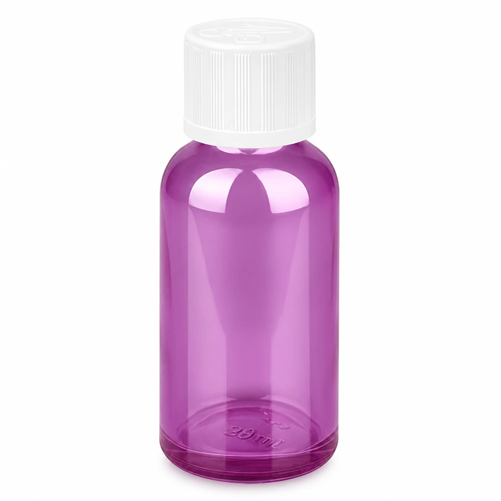 30 ml flaske 11 mm skruelåg hvid standard børnesikret PurpleLine UT18/30 30 ml glasflaske med hvidt skruelåg - violet laboratoriekvalitet til præcis dosering
