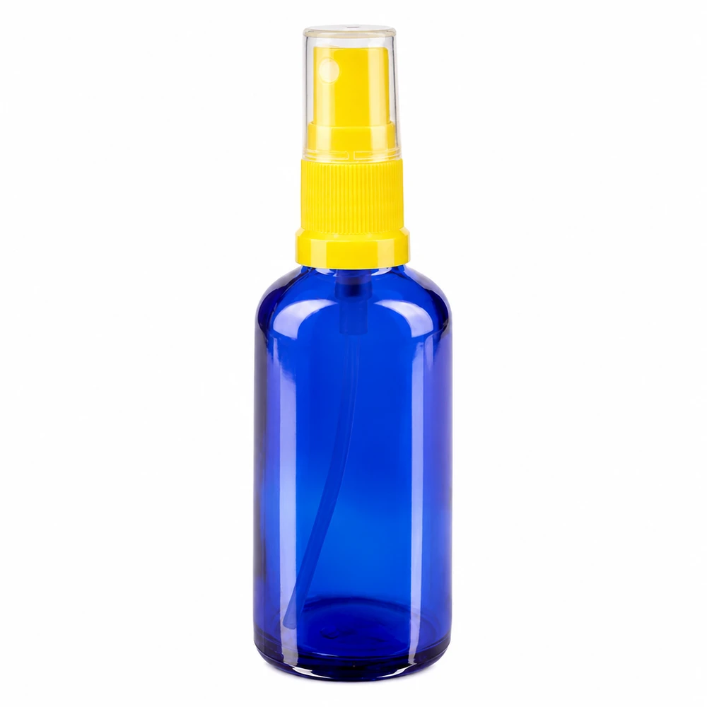 Apotekerflaske blå 50 ml spraytilbehør gul 50 ml blå glasflaske med sprayhoved i gul til apoteker og kosmetik