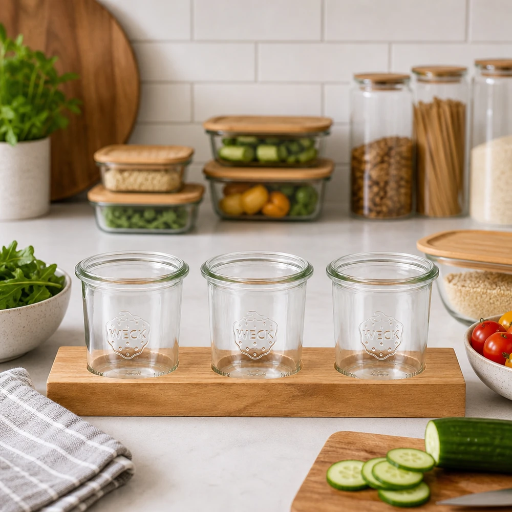 Serveringsbræt Plano3 med 3 Weck-glas med skruelåg, 140 ml Plano3 serveringsbræt med tomme 140 ml WECK-glas i et moderne køkken ved siden af grøntsags- og opbevaringsdåser