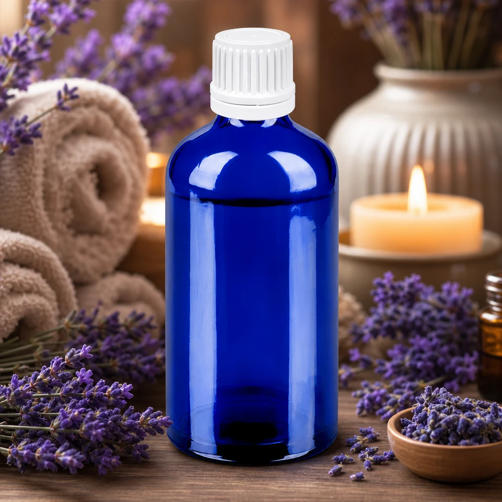 100 ml apotekerflaske i elegant blå med hvid hætte til aromaterapi og naturkosmetik