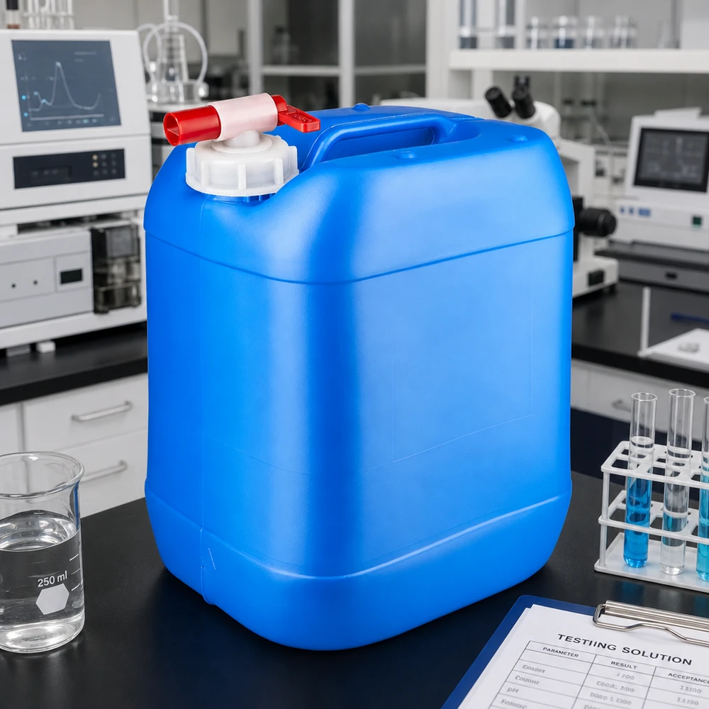 Lyseblå 20-liters dunk med integreret håndtag og rødt udløbshan i laboratoriemiljøet