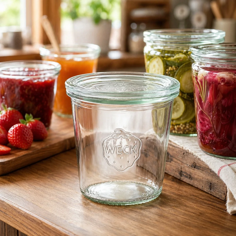 290 ml høje Briller med glaslåg WECK RR80 WECK syltetøjsglas 290 ml i køkkenet med farverigt syltetøj og konserves som eksempel på anvendelse til opbevaring