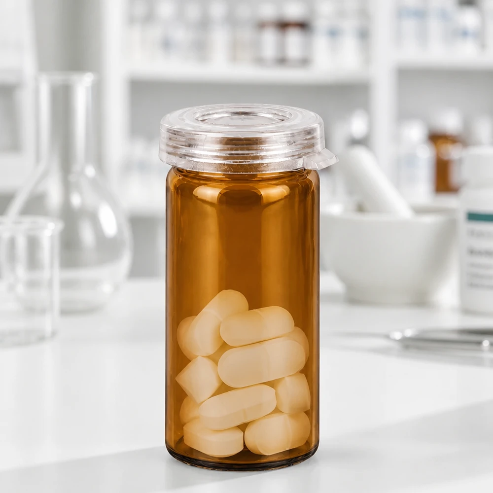 Bord-/rullekantglas 5 ml klar m. snap-on-låg Ravfarvet glas med rullet kant, 5 ml, med hvide kapsler og gennemsigtigt kliklåg i laboratoriet