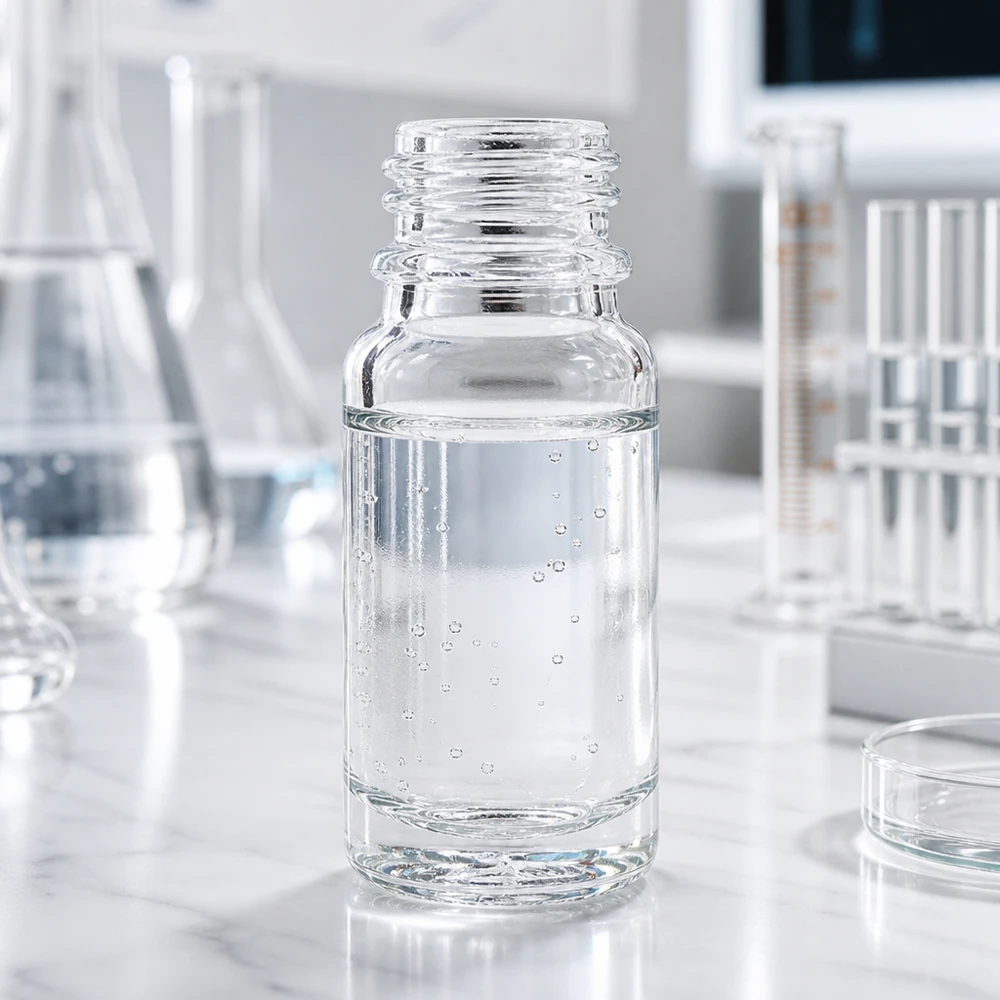 10 ml Apoteksflaske ClearLine DIN18 UNiTWIST 10 ml ClearLine DIN18 UNiTWIST-apotekflaske fyldt med rent vand i laboratoriemiljø