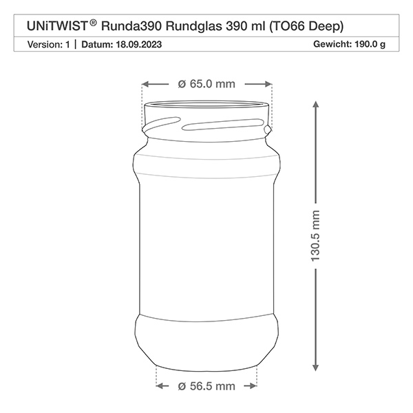 UNiTWIST Runda390 - Rund krukke med en kapacitet på 390 ml TO66deep Teknisk tegning UNiTWIST Runda390 rundt glas 390ml TO66 Deep med målene 65mm diameter 130,5mm højde