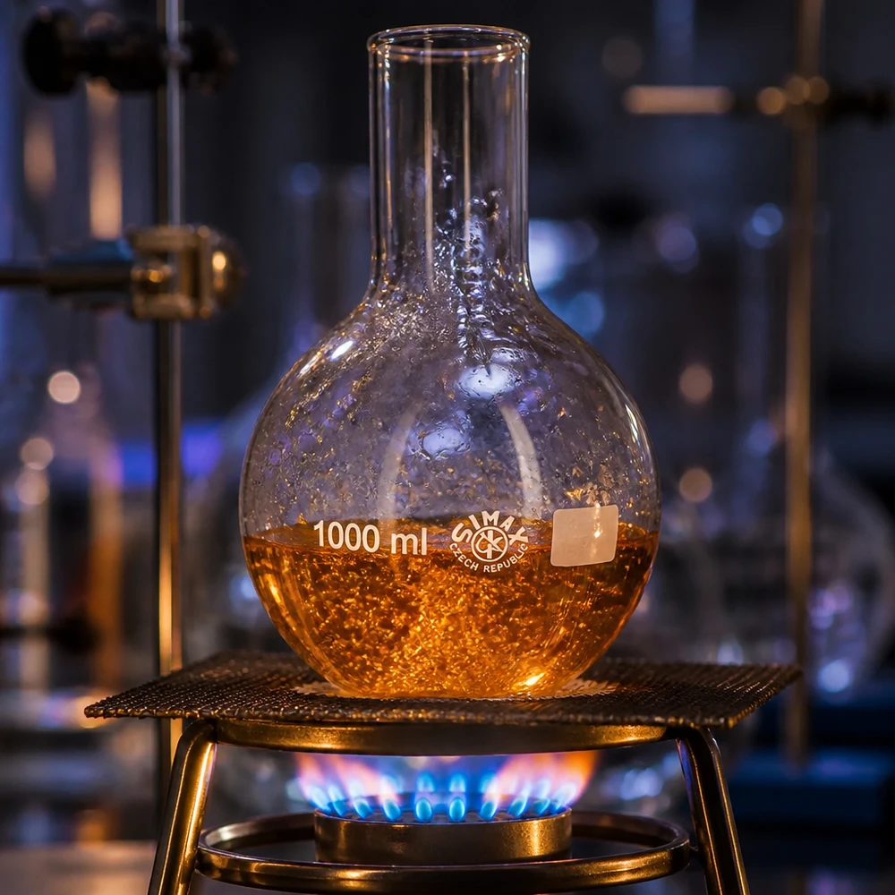 Lommelærke 1000 ml med bred hals 1000 ml kolbe med bred hals ved opvarmning over en bunsenbrænder i et professionelt laboratoriemiljø