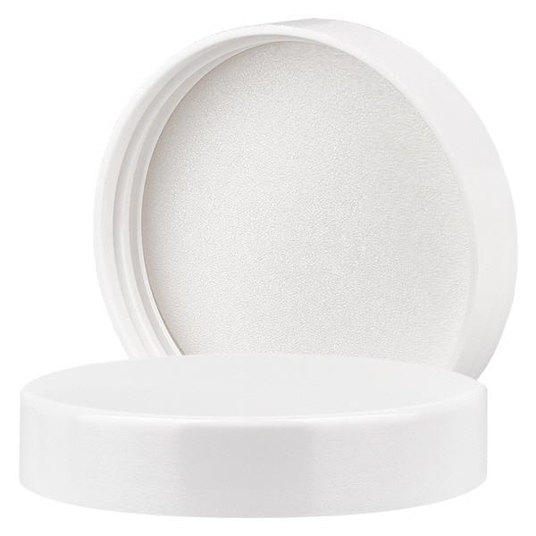 Bakelit skruelåg hvid, gevind 58mm/R3 ApoGlas. Farmaceutisk kvalitet fra EU-produktion. Til f.eks. 120 ml glaskrukker (art. 103276, 103284).