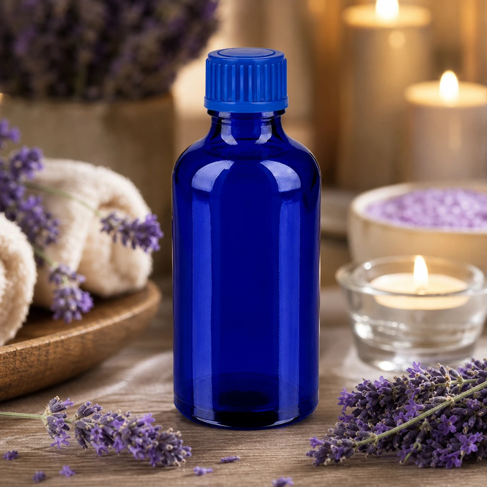 50 ml koboltblå glasflaske SV blue STD BlueLine med UV-beskyttelse til kosmetik og wellness