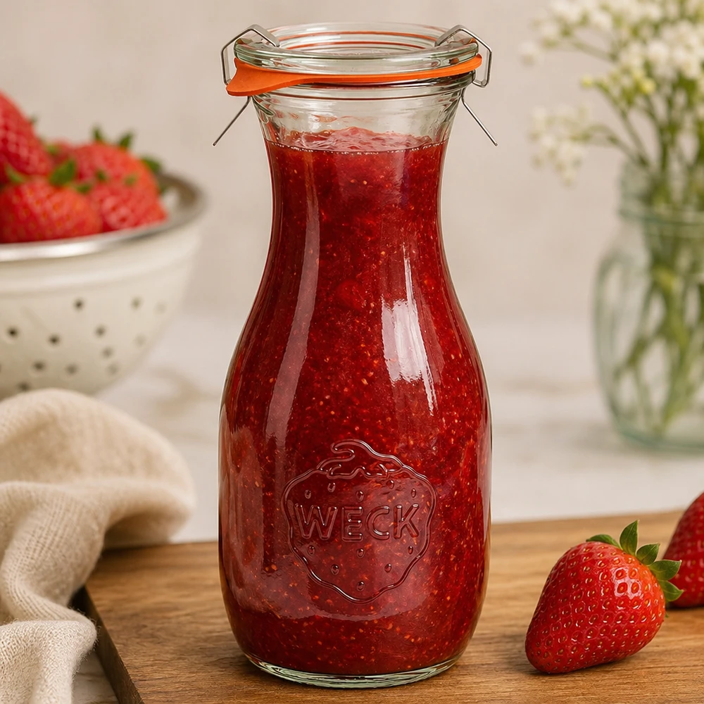 530 ml saftflaske, komplet WECK RR60 WECK 530 ml juiceflaske fyldt med jordbærmarmelade viser praktisk brug af RR60-konservesglasset