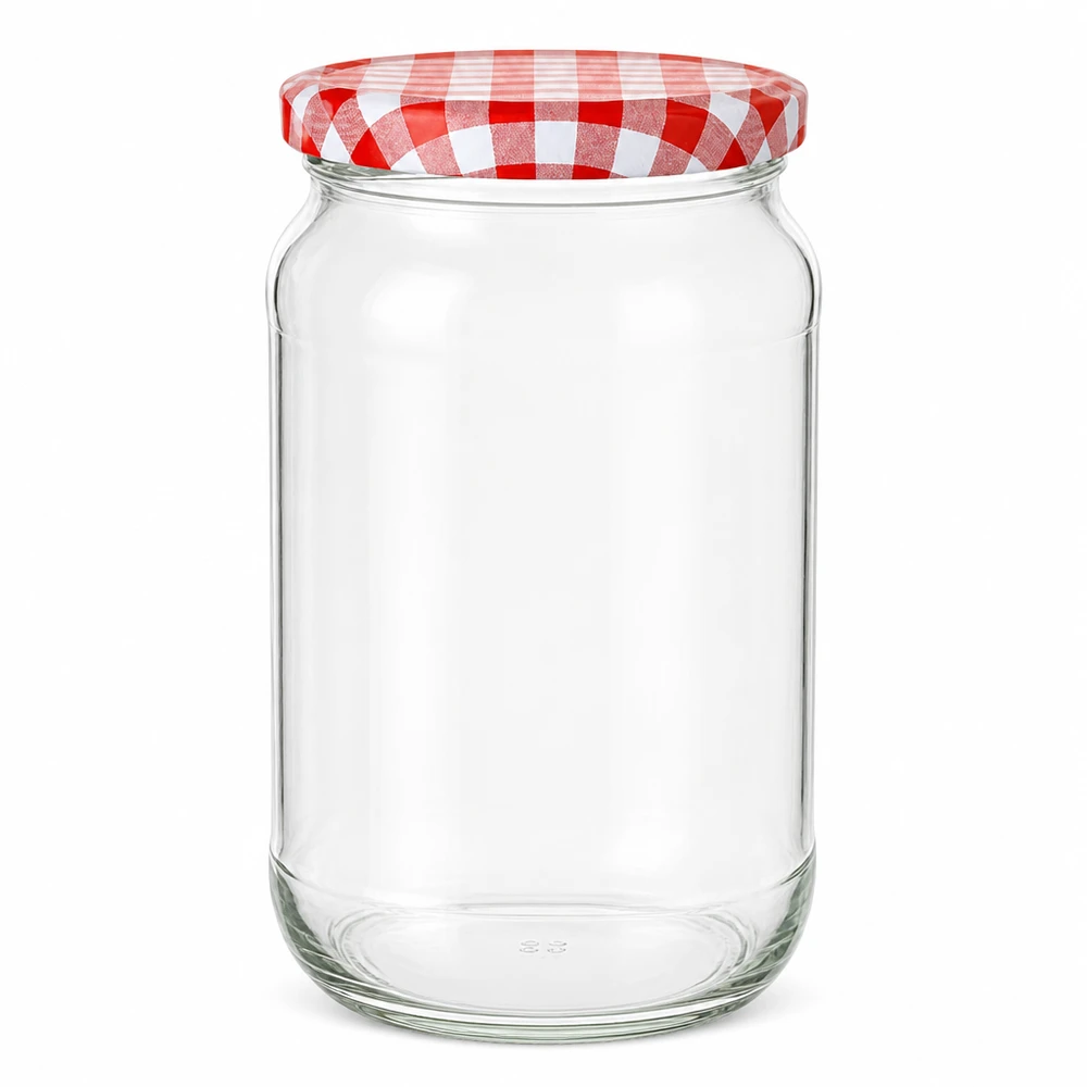 1062 ml rund krukke + BasicSeal-låg rød/hvid UNiTWIST 1062 ml rund krukke med rød- og hvidternet BasicSeal-låg, tom på hvid baggrund Konserveringskrukke Opbevaringskrukke