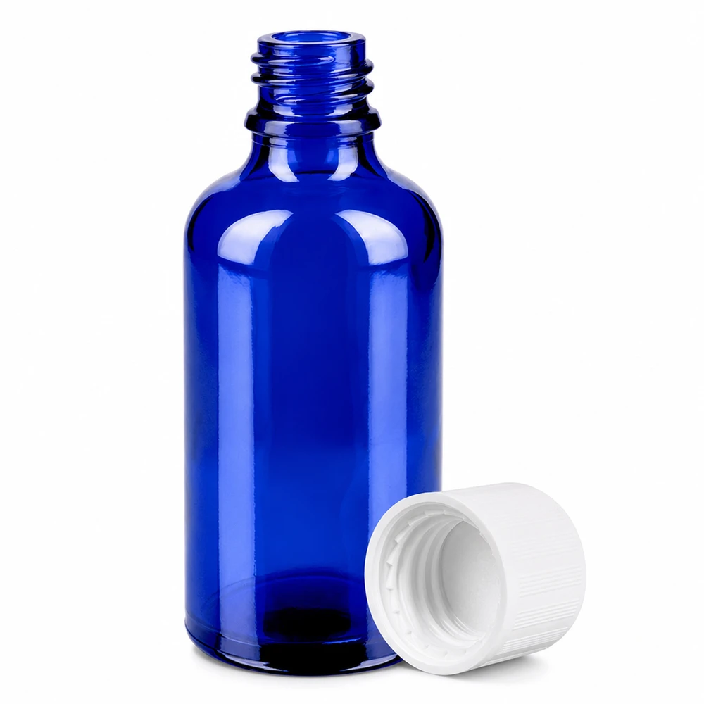 Koboltblå 50 ml glasflaske med gevind til farmaceutiske og kosmetiske anvendelser