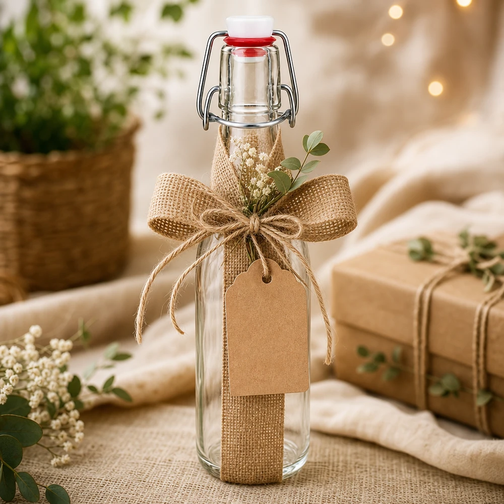 250 ml glasflaske og hængelåg i porcelæn UNiTWIST 250ml Glasflasche mit Bügelverschluss als Geschenk dekoriert mit Juteschleife, Anhänger und getrockneten Blumen
