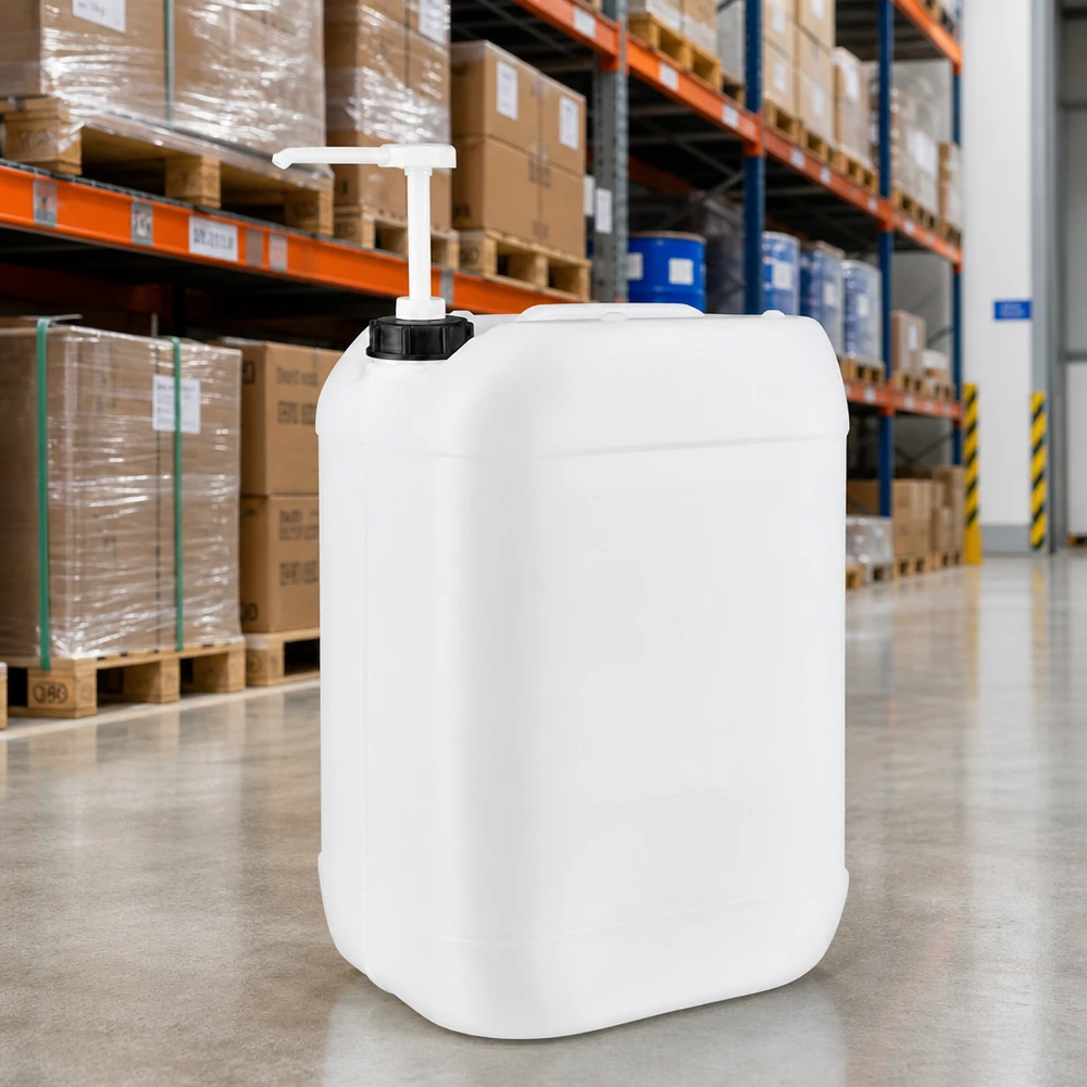 Beholder 25 liter med doseringspumpe Fødevaregodkendt 25-liters dunk med pumpedispenser i hvid HDPE-plast på lageret
