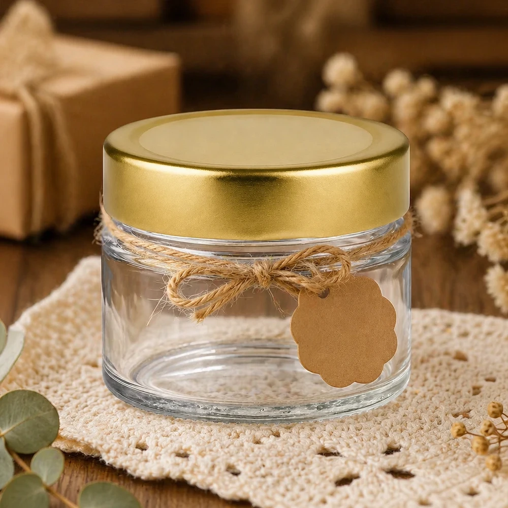 80 ml rund krukke med BasicSeal-låg guld dyb UNiTWIST 80 ml rund krukke med BasicSeal-låg guld dyb dekorativ på hæklet tæppe med jutesløjfe og gavemærke