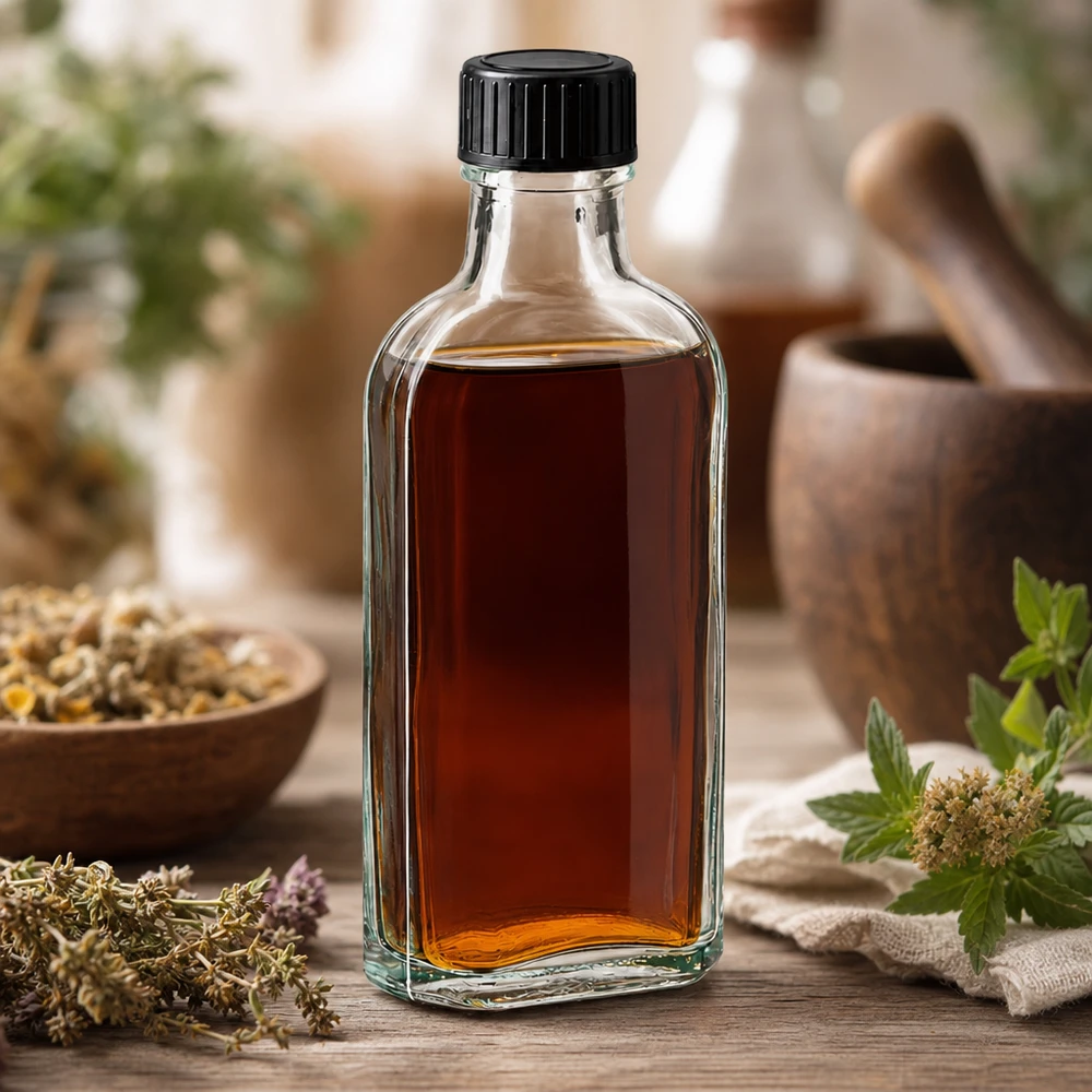 Brun tinktur i en 100 ml Meplat-glasflaske med sort skruelåg blandt friske lægeurter