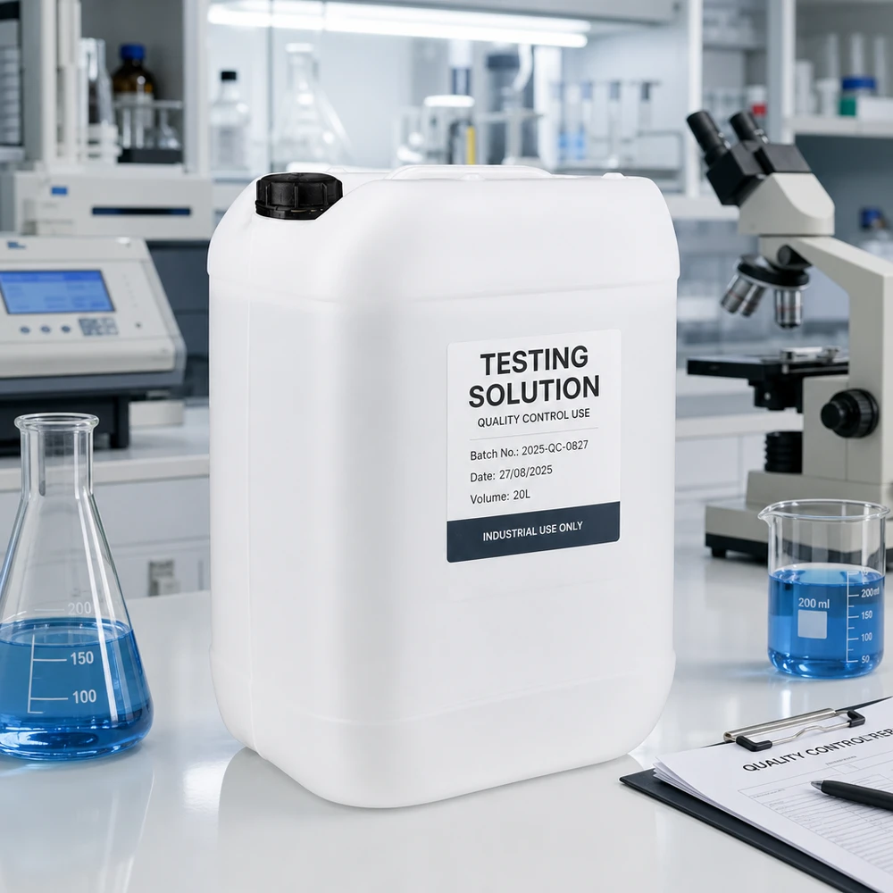 Robust plastbeholder på 25 liter med OV-lukning til kvalitetskontrol i laboratoriet