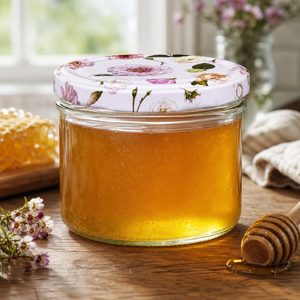 230 ml cylinderglas + BasicSeal låg Blume rosa Honningkrukke 230 ml med BasicSeal-låg blomst rosa - gylden honning med honningske og honningkage i køkkenet