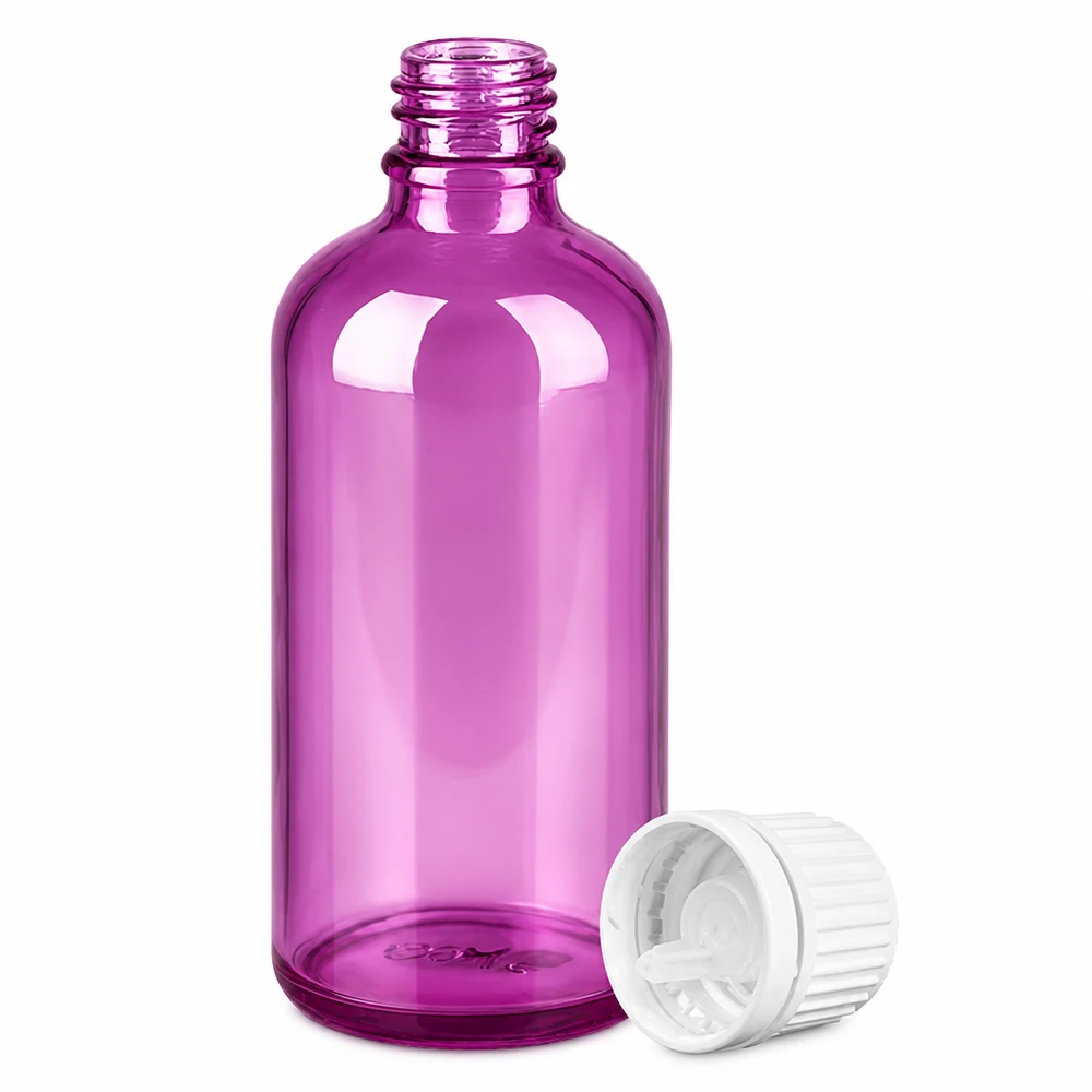 100 ml dråbeflaske 0,7 mm hvid Originality skruelåg PurpleLine UT18/100 Lilla 100 ml plastdråbeflaske med 0,7 mm doseringsåbning til æteriske olier