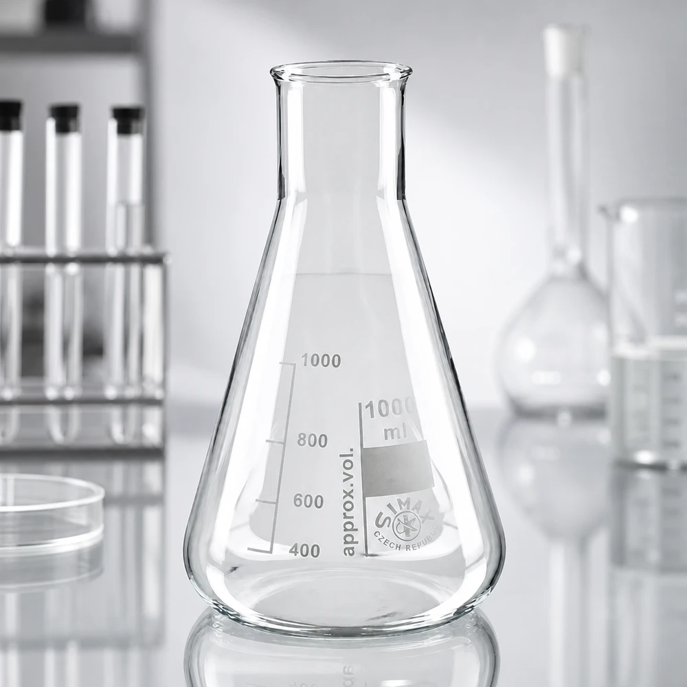Erlenmeyer-kolbe 200 ml med bred hals Erlenmeyer-kolbe 200 ml med bred hals af varmebestandigt glas til synteser og reaktioner
