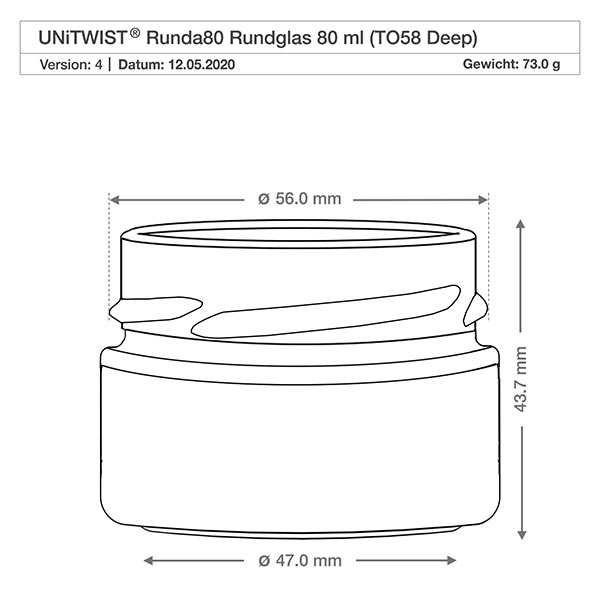 UNiTWIST Runda80 - Rund krukke med en kapacitet på 80 ml TO58deep UNiTWIST rundt glas 80 ml TO58 Deep med målene 56 mm i diameter og 43,7 mm i højden - teknisk tegning