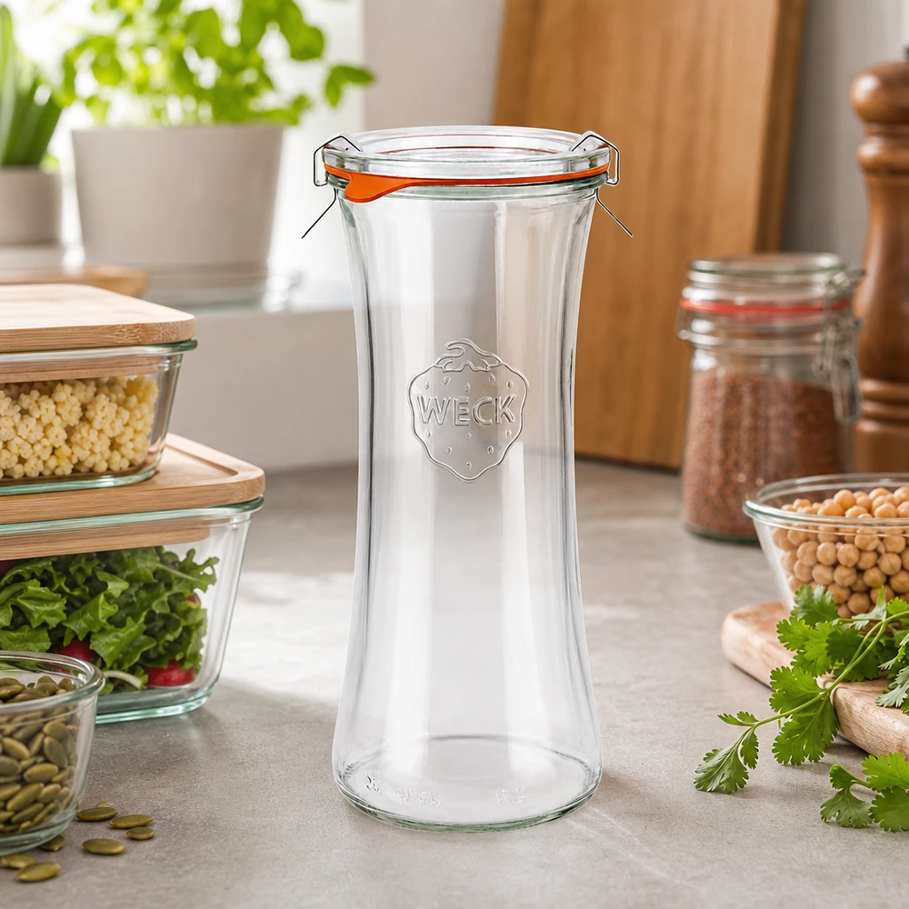 WECK 700 ml delikatesseglas RR80 tomt med låg i et moderne køkken mellem opbevaringskrukker og friske krydderurter