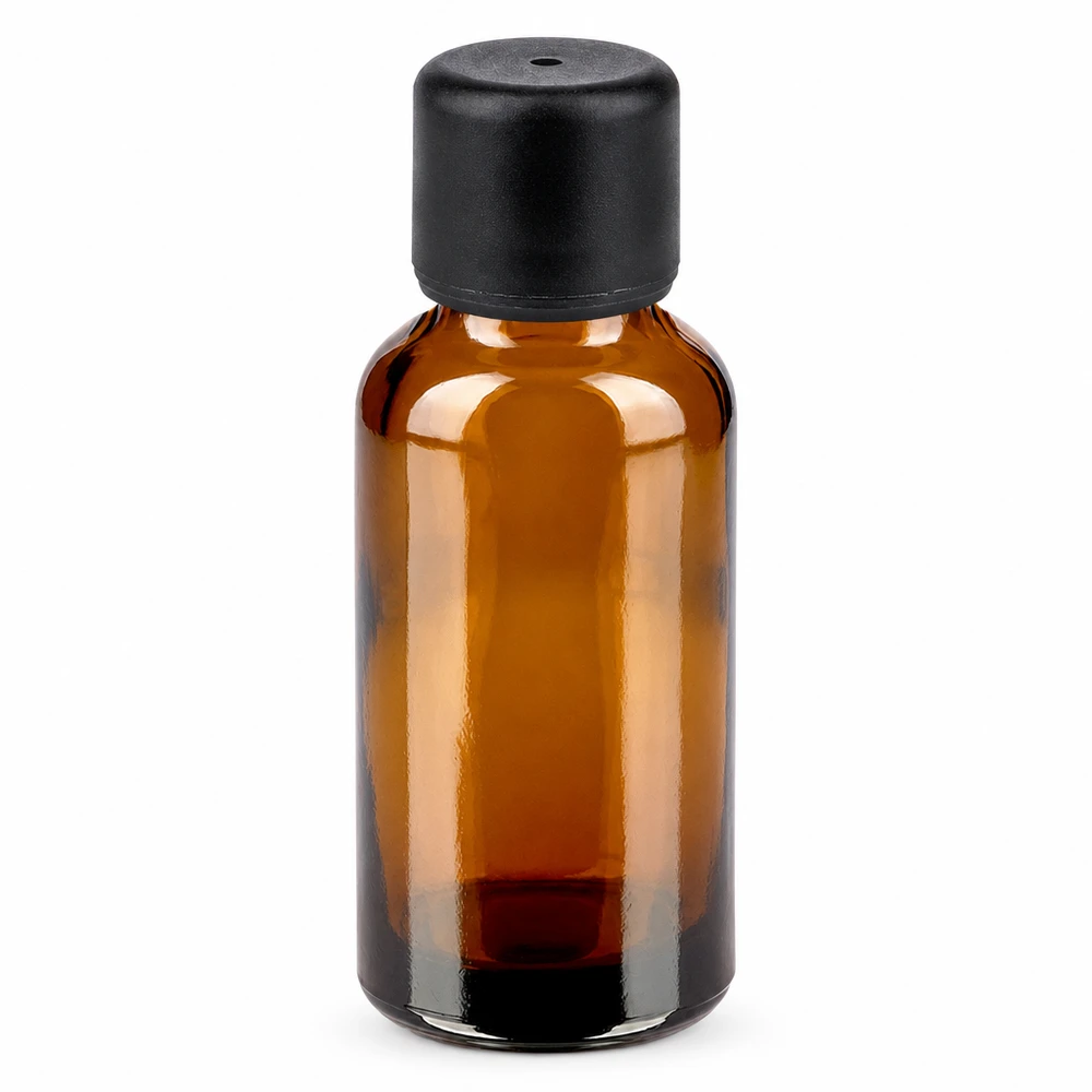 30 ml flaske 6 mm SV sort STD BrownLine UT18/30 30 ml brun glasflaske med sort skruelåg til æteriske olier og kosmetik