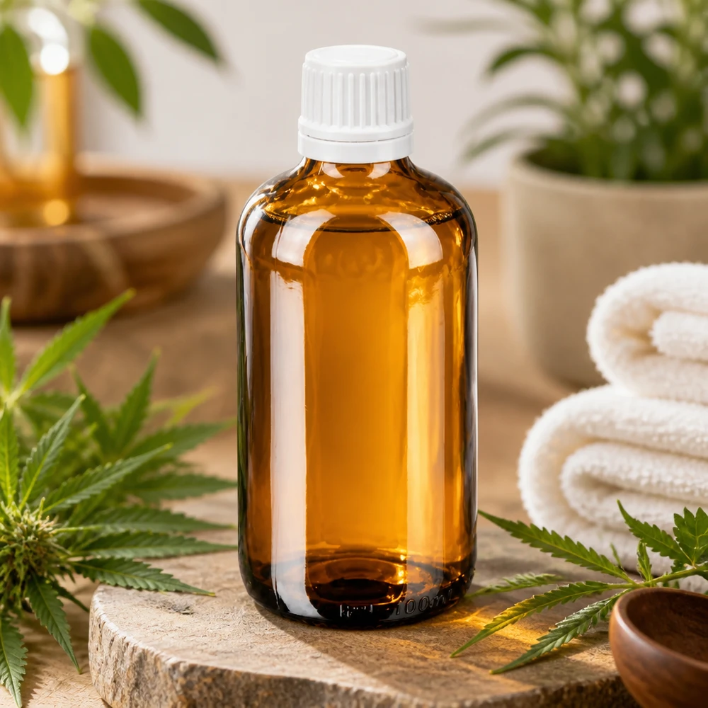 100 ml dråbeflaske af brunt glas med hvid børnesikret låg mellem cannabisblade