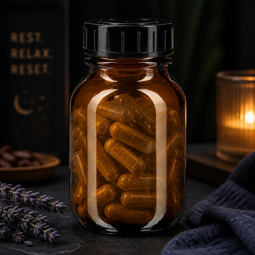 50 ml flaske med bred hals i ravfarvet glas med skruelåg Lysbeskyttet 50 ml-glas med bred munding lavet af ravfarvet glas med børnesikret skruelåg