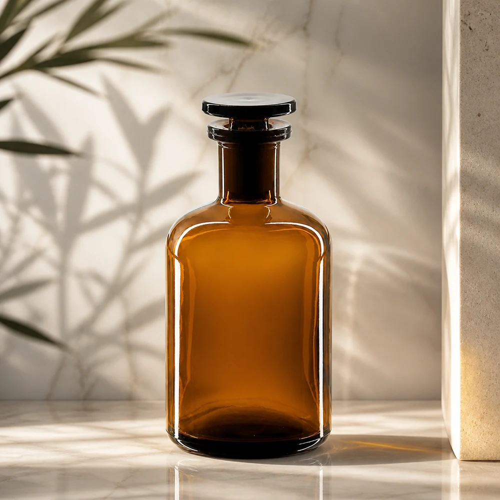 Rund skulderflaske 100 ml brun glasprop med smal hals Ravfarvet glasflaske, 100 ml, med smal hals og prop, UV-beskyttelse til lysfølsomme stoffer