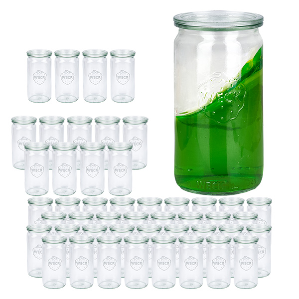 Sæt med 48 Weck-krukker 340 ml cylinderkrukker med 48 glaslåg Sæt med 48 Weck-krukker 340 ml cylinderkrukker med 48 glaslåg