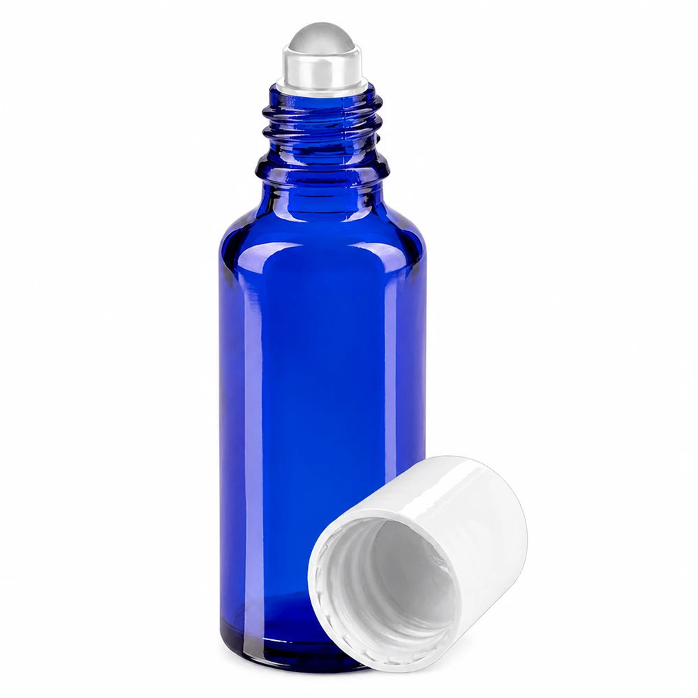 Apoteksflaske blå 30 ml roll-on-hætte hvid 30 ml blå roll-on-flaske med hvidt låg og glasrulle af apotekerglas