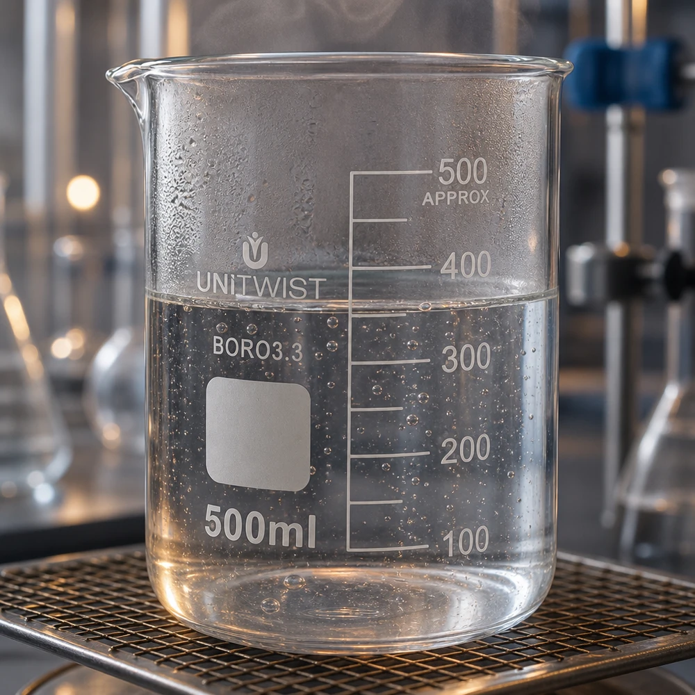 Bæger 500 ml borosilikat, lav form UNiTWIST Gennemsigtigt laboratoriebegerglas på 500 ml, UNiTWIST BORO3.3, på et trådnetunderlag, fyldt med vand