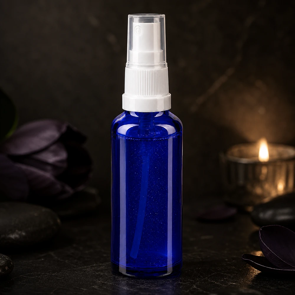 Apotekerflaske blå 10 ml spraytilbehør sort Koboltblå 10 ml sprøjteflaske af apotekerglas med hvidt pumpehoved foran en mørk spa-baggrund
