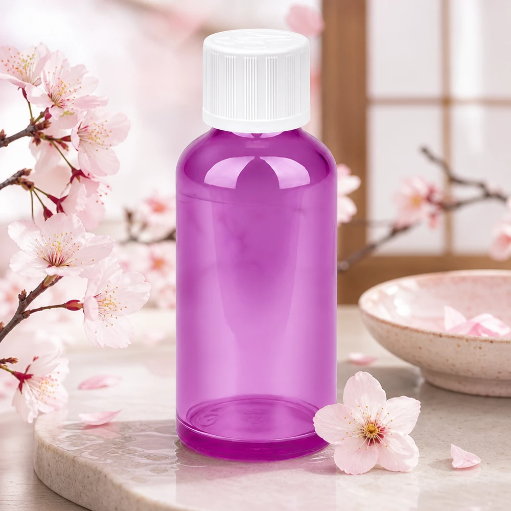 50 ml flaske 11 mm skruelåg hvid standard børnesikret PurpleLine UT18/50 50 ml violet flaske med 11 mm halsåbning og sikker hætte til wellness-produkter