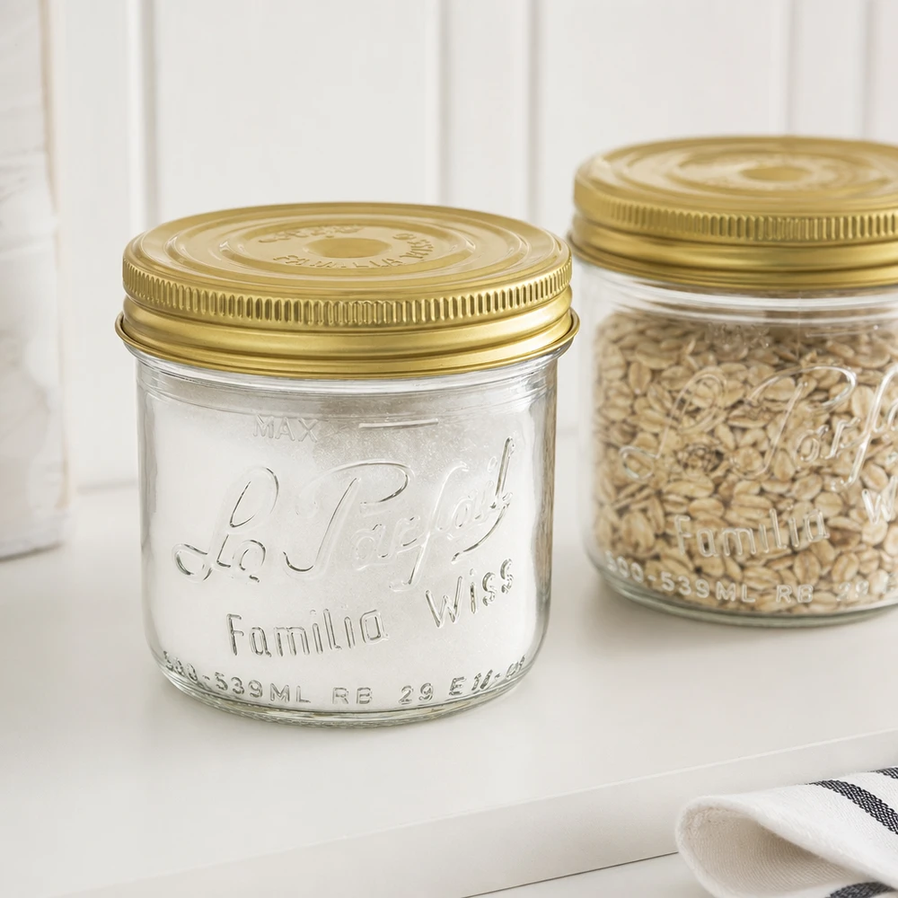 Le Parfait® Familia Wiss 500 g Ø100 mm glas 539 ml Familia Wiss-glas med guldlåg og syltetøjsglas med korn på en hvid overflade