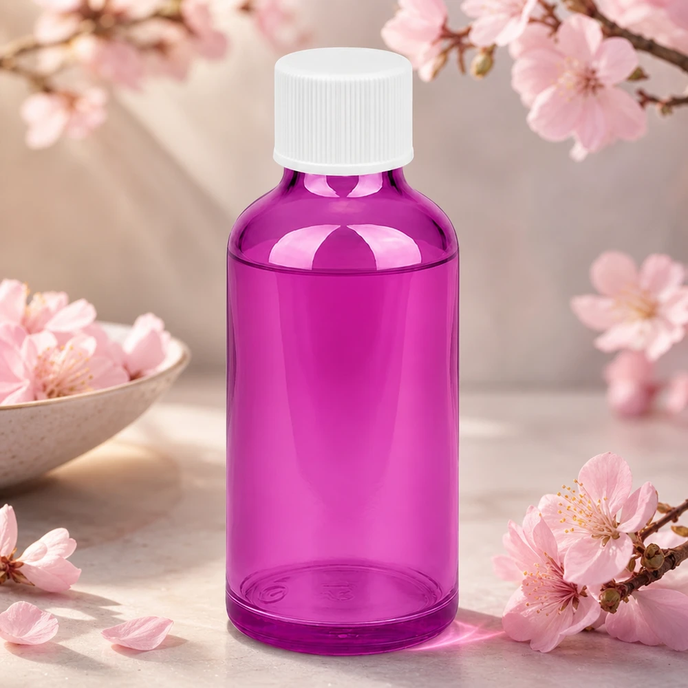 50 ml flaske 11 mm skruelåg hvid standard PurpleLine UT18/50 Elegant 50 ml flaske i transparent violet med hvid hætte til kosmetiske produkter af høj kvalitet