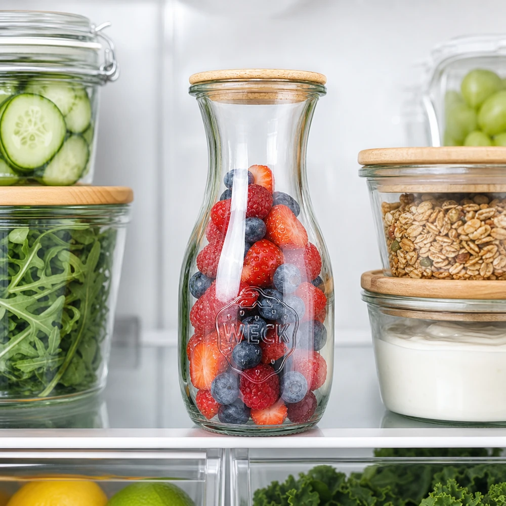 530 ml juiceflaske WECK RR60 med trælåg WECK juiceflaske 530 ml RR60 med bær i køleskabet ved siden af opbevaringsglas med agurk, salat og nødder