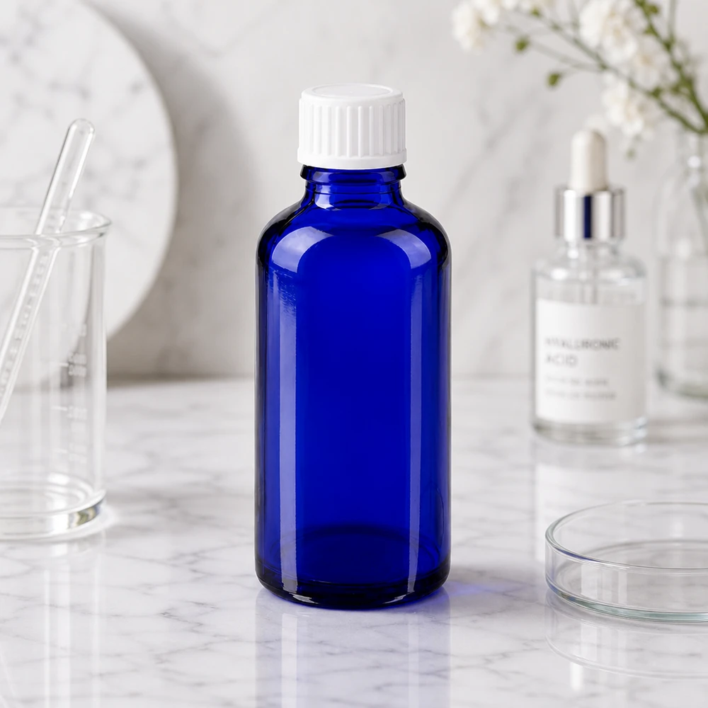 Koboltblå 50 ml apotekerflaske med hvid standardprop og en glasvægtykkelse på 3 mm