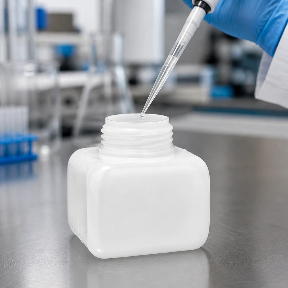 Kemikalieflaske 250 ml, bred hals fremstillet af PE-HD, naturfarve, GL 50 Flad pipette med bred hals, 250 ml, PE-HD, naturfarvet, laboratoriepipette, fyldt, stålbord