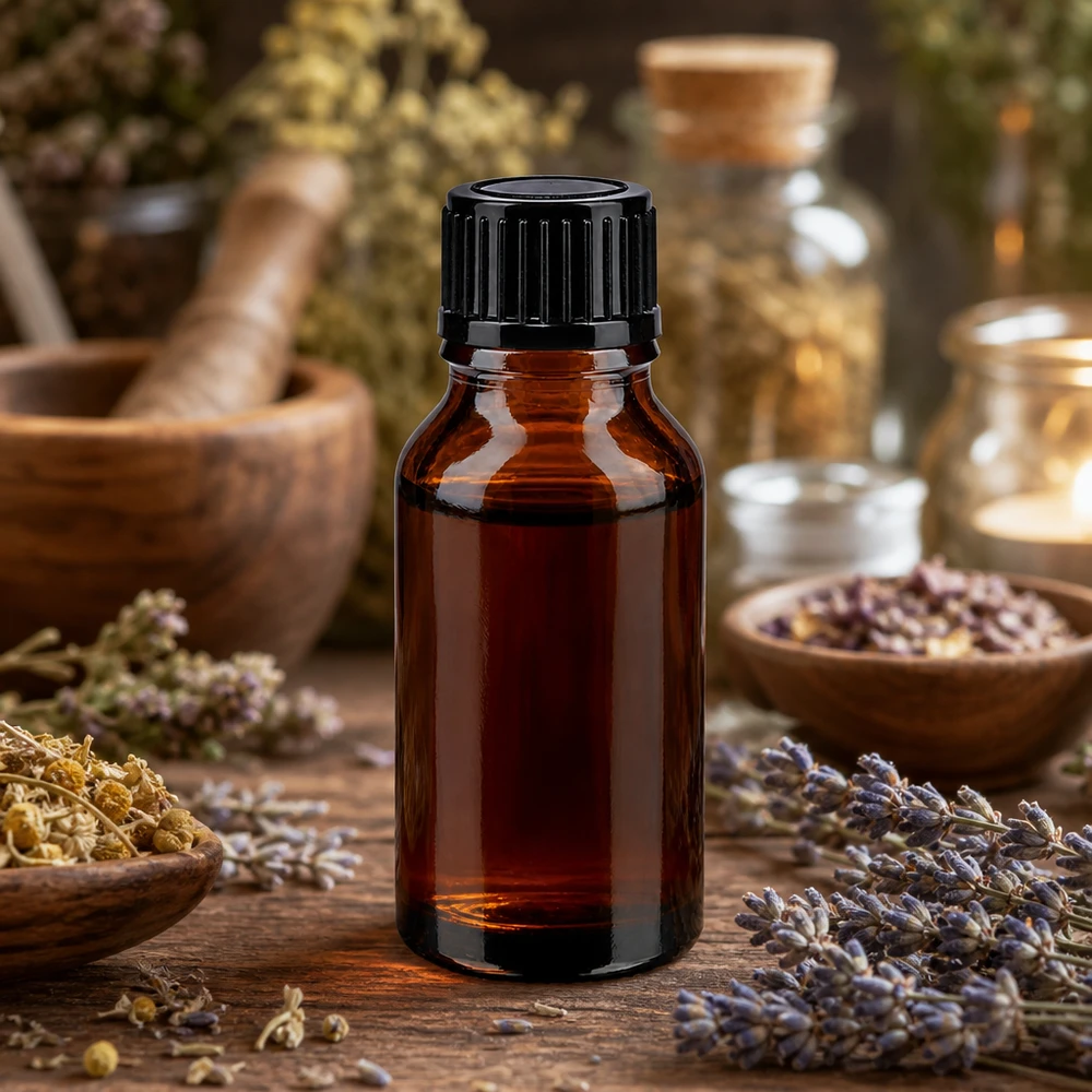 Lysbeskyttet brun glasflaske på 15 ml med sort dråbepropp, omgivet af lavendel og urter