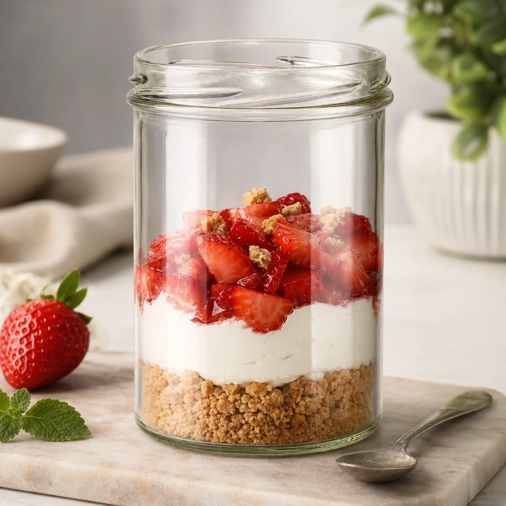 UNiTWIST Sturz435 - Briller med en kapacitet på 435 ml TO82 UNiTWIST Sturz435 syltetøjsglas 435 ml med jordbærdessert lagdelt dessert TO82 tråd til søde desserter og parfait