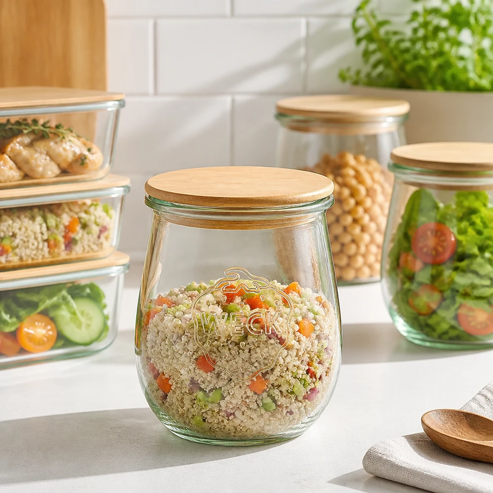 220 ml tulipankrukke WECK RR60 med trælåg WECK tulipankrukke 220 ml RR60 trælåg til Meal Prep - opbevaringskrukke med quinoagrøntsagssalat i et moderne køkken