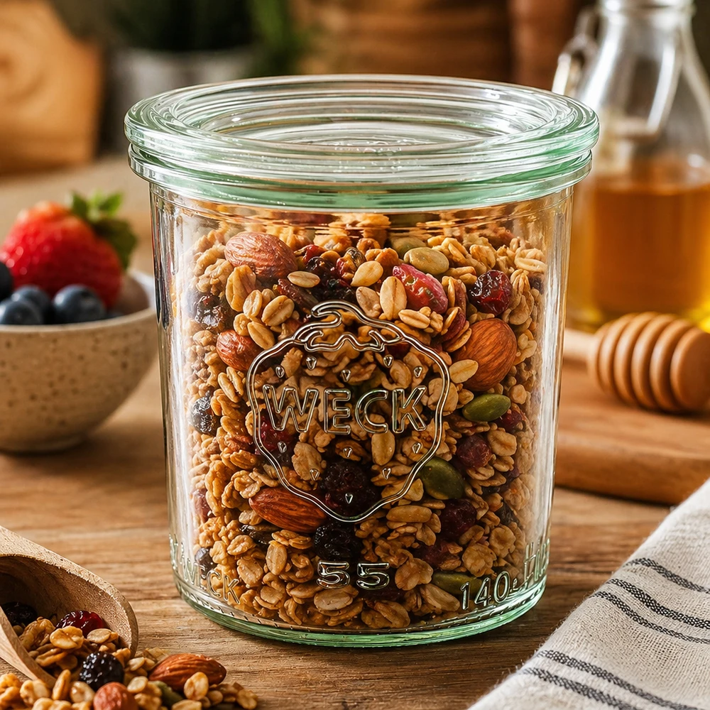 WECK 140 ml krukke med glaslåg RR60 | Premium-kvalitet WECK Sturzglas 140ml RR60 befüllt mit Nussmischung und Trockenfrüchten als Vorratsglas in rustikaler Küche
