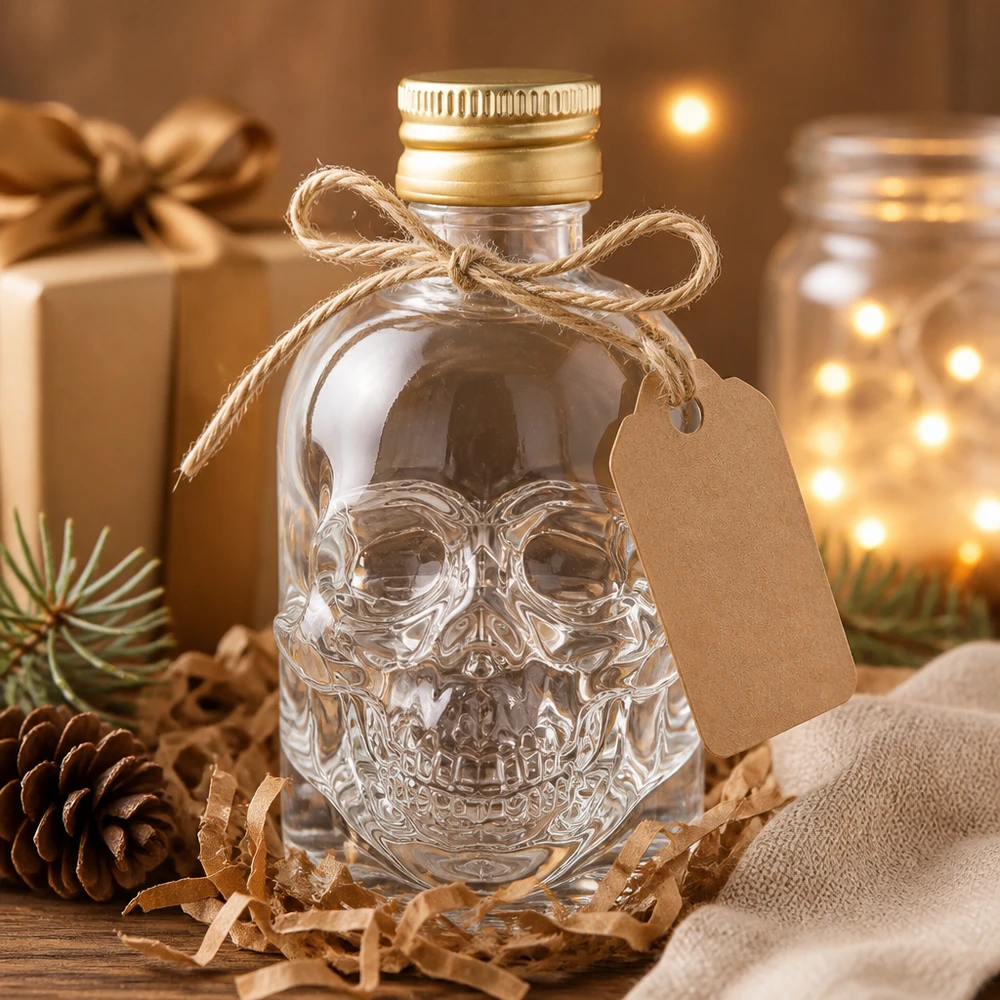 50 ml glasflaske »Hector« og skruelåg guld UNiTWIST® 50 ml glasflaske Hector dødningehoved tom med gaveemballage håndværkspapir vedhæng i hyggelig juledekoration