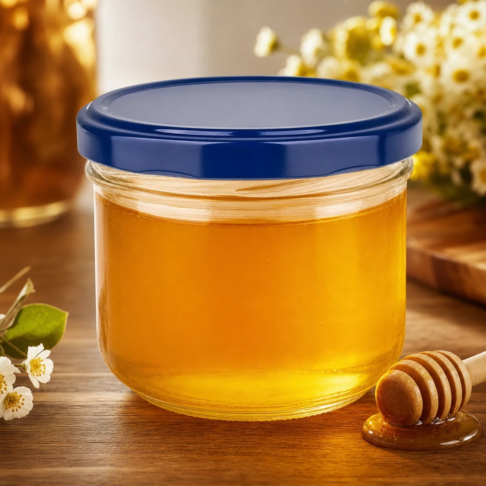 260 ml Briller + BasicSeal-låg blå UNiTWIST 260 ml murerbalje med blåt BasicSeal-låg fyldt med honning - ideel twist-off balje til marmelade og smørepålæg