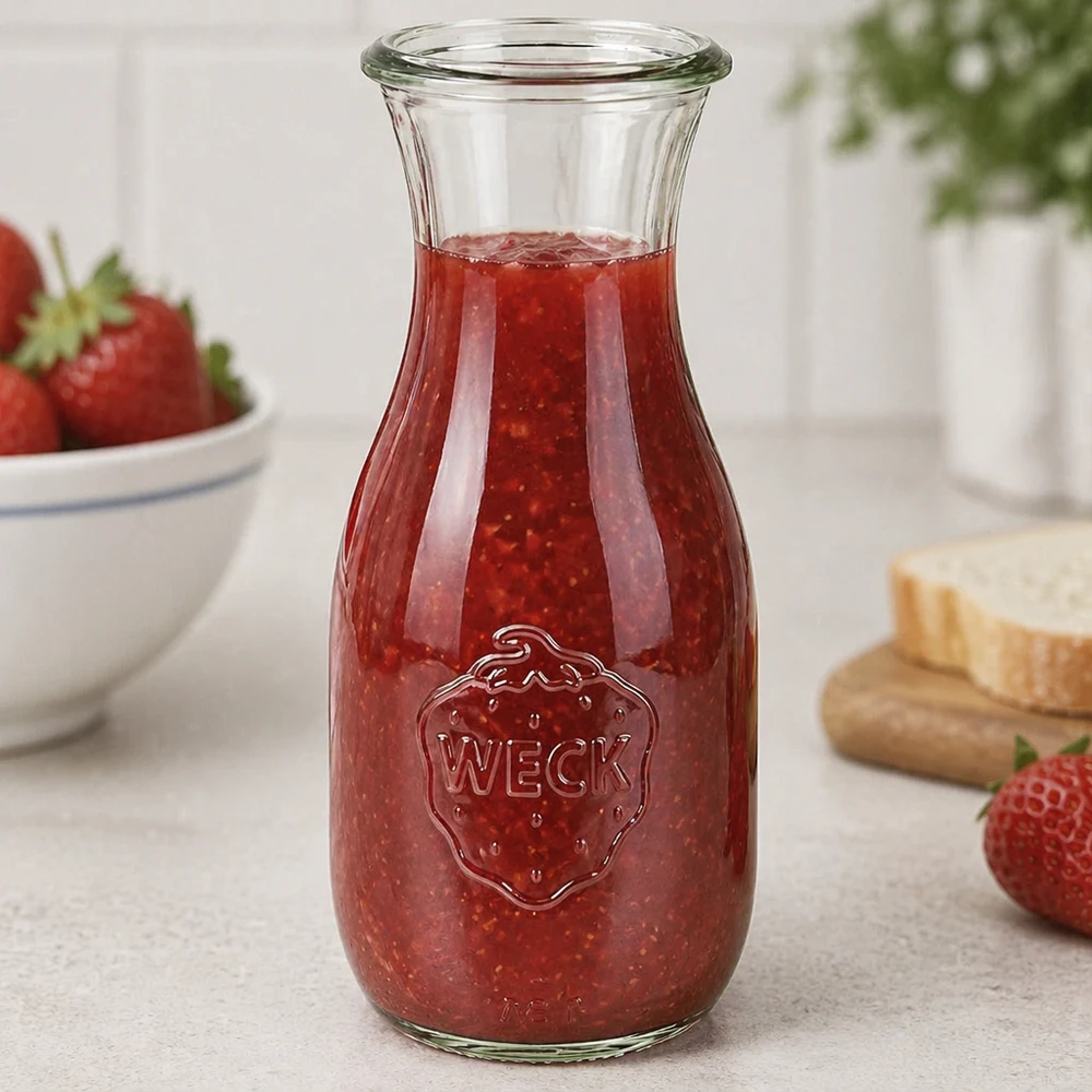 530 ml saftflaske WECK RR60 WECK Saftflasche 530ml RR60 mit rotem Erdbeermus gefüllt neben frischen Erdbeeren und Brot in heller Küche
