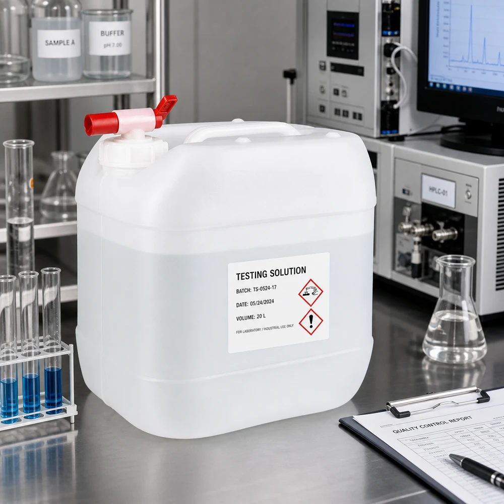 Gennemsigtig plastdunk på 15 liter med GHS-faresymboler til laboratoriebrug