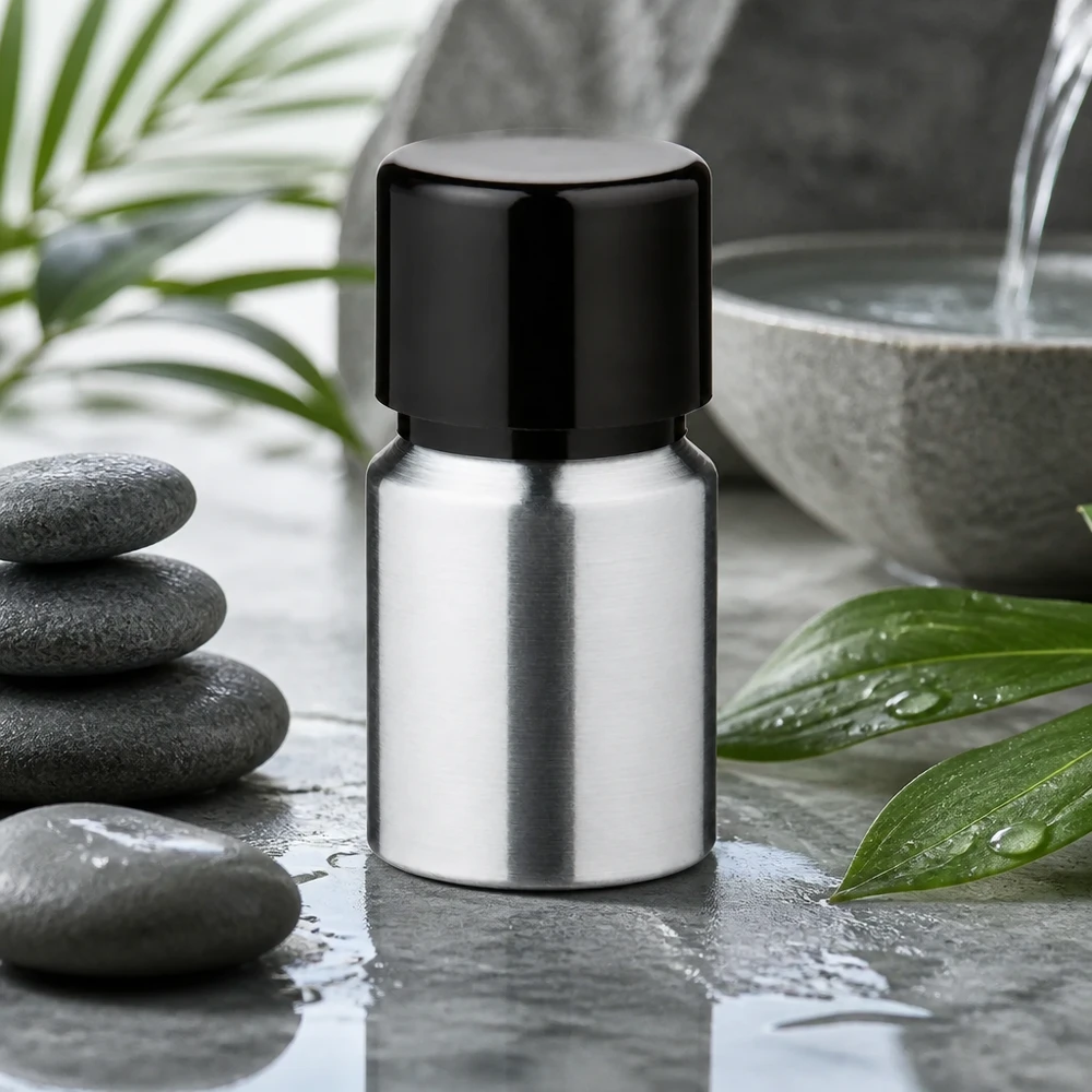 10 ml flaske i poleret aluminium med skruelåg 10 ml aluminiumsflaske af høj kvalitet med poleret overflade og sort skruelåg