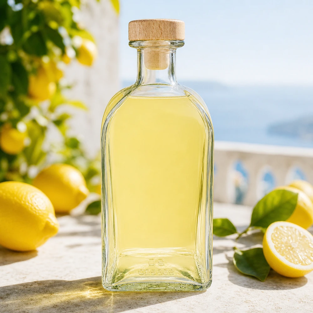 500 ml apoteksflaske »Julia« med træhåndtag og prop UNiTWIST® 500 ml Julia glasflaske med træprop fyldt med citronlikør i en middelhavsindstilling med friske citroner