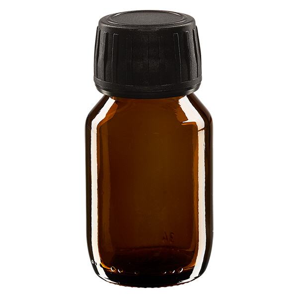 50 ml medicinflaske brun, hætte sort med manipulationssikker ring ApoGlas. Farmaceutisk kvalitet fra EU-produktion. 28 mm (PP28) gevind. (sirup, let glasflaske) 50 ml medicinflaske brun, hætte sort med manipulationssikker ring ApoGlas. Farmaceutisk kvalitet fra EU-produktion. 28 mm (PP28) gevind. (sirup, let glasflaske)